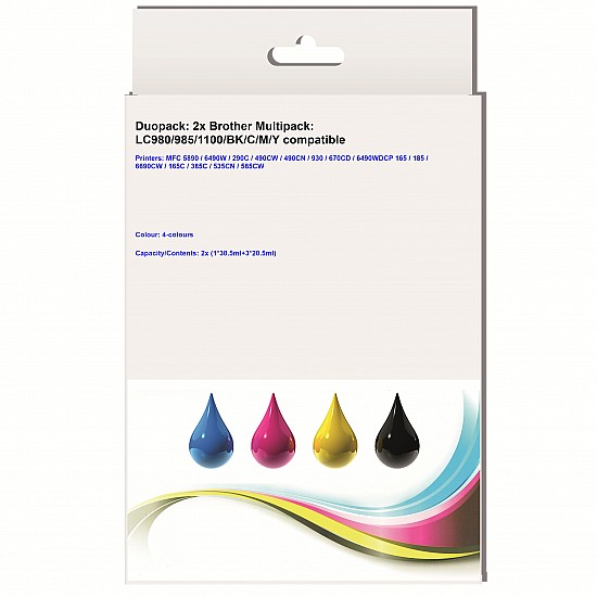 Huismerk 2x Brother LC980/985/1100/BK/C/M/Y 4 kleuren Multipack inktcartridges