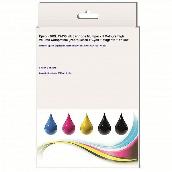 Huismerk Epson 26XL (T2636) 5 kleuren hoog volume zwart / fotozwart / cyaan / magenta / geel Multipack inktcartridges
