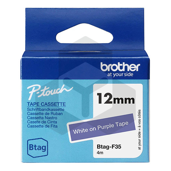 Brother Btag-F35 niet-gelamineerde tape wit op paars 12 mm (origineel) Brother Btag-F35 niet-gelamineerde tape wit op paars 12 mm (origineel)