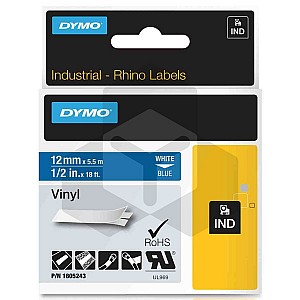 Dymo 1805243 IND Rhino tape vinyl wit op blauw 12 mm (origineel)