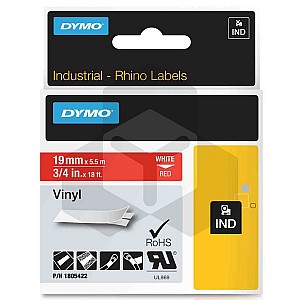 Dymo 1805422 IND Rhino tape vinyl wit op rood 19 mm (origineel)