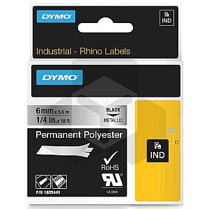 Dymo 1805441 IND Rhino tape permanent polyester zwart op metallic 6 mm (origineel)