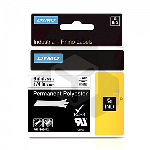 Dymo 1805442 IND Rhino tape permanent polyester zwart op wit 6 mm (origineel)