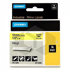 Dymo 18432 IND Rhino tape vinyl zwart op geel 12 mm (origineel)