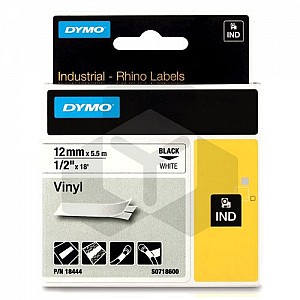 Dymo 18444 IND Rhino tape vinyl zwart op wit 12 mm (origineel)
