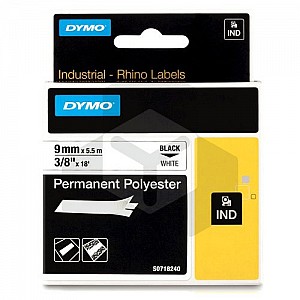 Dymo 18482 IND Rhino tape permanent polyester zwart op wit 9 mm (origineel)