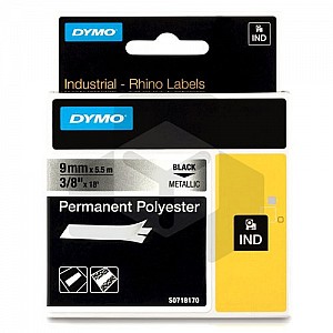 Dymo 18485 IND Rhino tape permanent polyester zwart op metallic 9 mm (origineel)