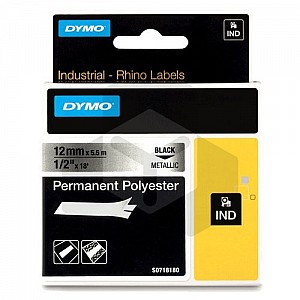 Dymo 18486 IND Rhino tape permanent polyester zwart op metallic 12 mm (origineel)