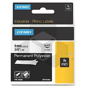 Dymo 18508DMO IND Rhino tape permanent polyester zwart op transparant 9 mm (origineel)