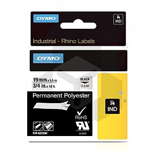 Dymo 622290 IND Rhino tape permanent polyester zwart op transparant 19 mm (origineel)