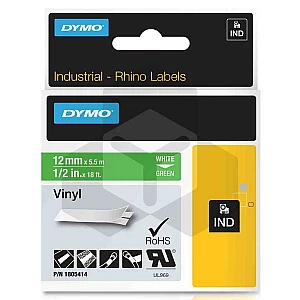 Dymo 1805414 IND Rhino tape vinyl wit op groen 12 mm (origineel) Dymo 1805414 IND Rhino tape vinyl wit op groen 12 mm (origineel)