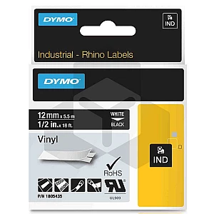 Dymo 1805435 IND Rhino tape vinyl wit op zwart 12 mm (origineel) Dymo 1805435 IND Rhino tape vinyl wit op zwart 12 mm (origineel)