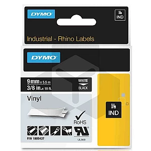 Dymo 1805437 IND Rhino tape vinyl wit op zwart 9 mm (origineel) Dymo 1805437 IND Rhino tape vinyl wit op zwart 9 mm (origineel)