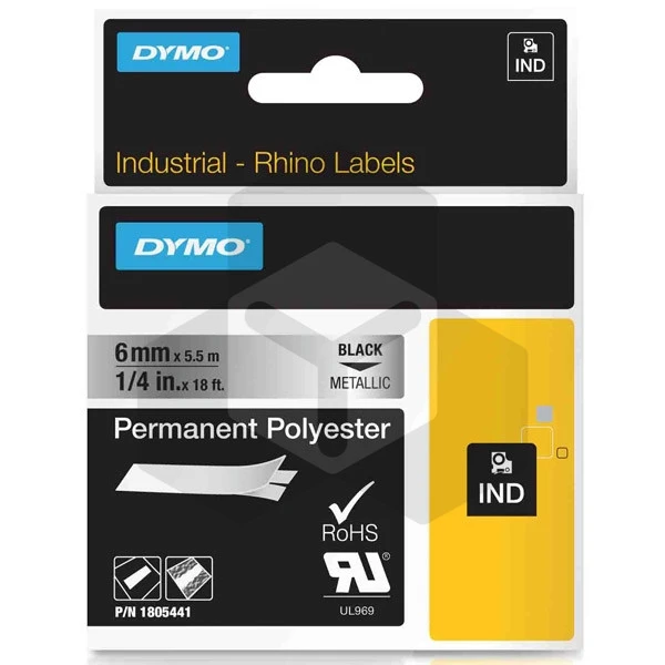 Dymo 1805441 IND Rhino tape permanent polyester zwart op metallic 6 mm (origineel) Dymo 1805441 IND Rhino tape permanent polyester zwart op metallic 6 mm (origineel)