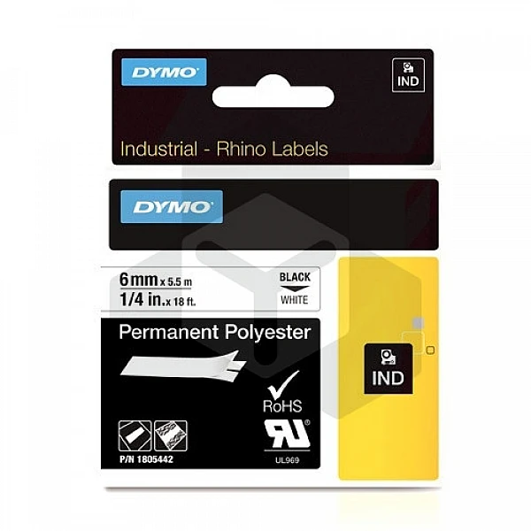 Dymo 1805442 IND Rhino tape permanent polyester zwart op wit 6 mm (origineel) Dymo 1805442 IND Rhino tape permanent polyester zwart op wit 6 mm (origineel)