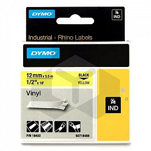 Dymo 18432 IND Rhino tape vinyl zwart op geel 12 mm (origineel) Dymo 18432 IND Rhino tape vinyl zwart op geel 12 mm (origineel)