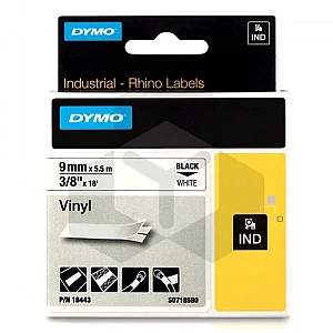 Dymo 18443 IND Rhino tape vinyl zwart op wit 9 mm (origineel) Dymo 18443 IND Rhino tape vinyl zwart op wit 9 mm (origineel)