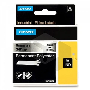 Dymo 18485 IND Rhino tape permanent polyester zwart op metallic 9 mm (origineel) Dymo 18485 IND Rhino tape permanent polyester zwart op metallic 9 mm (origineel)