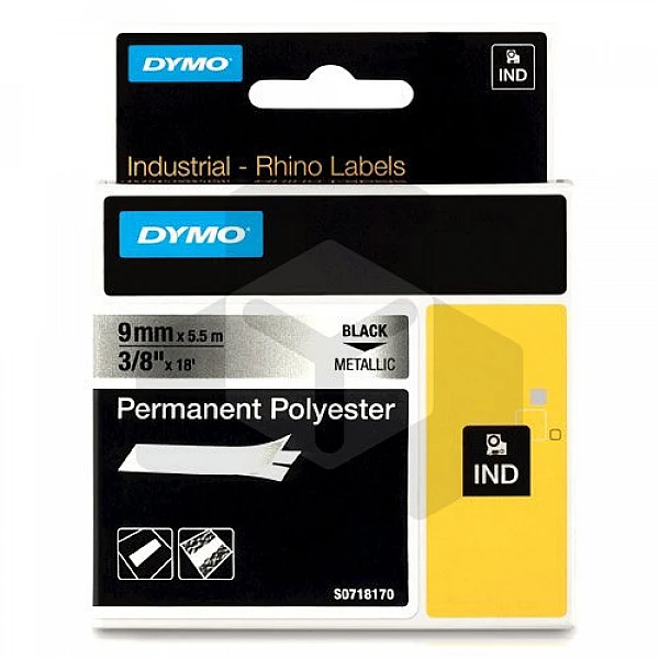 Dymo 18485 IND Rhino tape permanent polyester zwart op metallic 9 mm (origineel) Dymo 18485 IND Rhino tape permanent polyester zwart op metallic 9 mm (origineel)