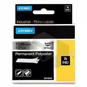 Dymo 18486 IND Rhino tape permanent polyester zwart op metallic 12 mm (origineel) Dymo 18486 IND Rhino tape permanent polyester zwart op metallic 12 mm (origineel)