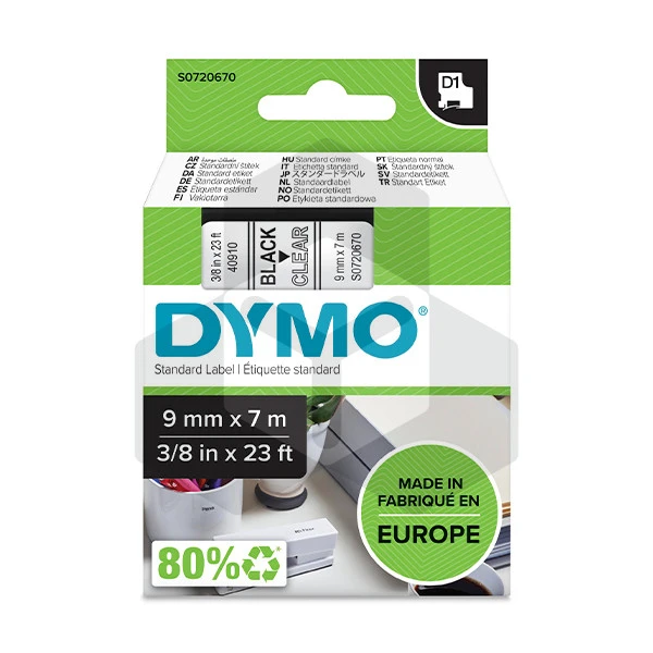 Dymo 40910 tape zwart op transparant 9 mm (origineel) Dymo 40910 tape zwart op transparant 9 mm (origineel)