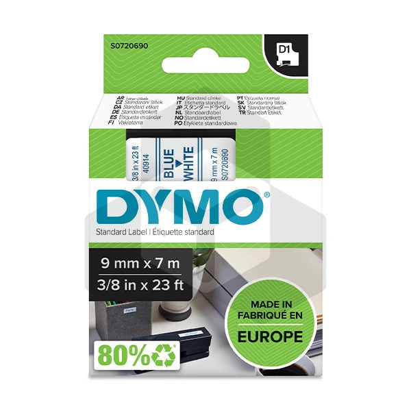 Dymo 40914 tape wit op blauw 9 mm (origineel) Dymo 40914 tape wit op blauw 9 mm (origineel)