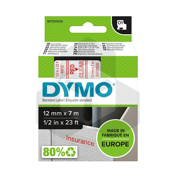 Dymo 45012 tape rood op transparant 12 mm (origineel) Dymo 45012 tape rood op transparant 12 mm (origineel)