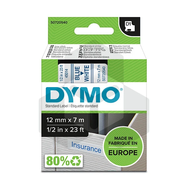 Dymo 45014 tape blauw op wit 12 mm (origineel) Dymo 45014 tape blauw op wit 12 mm (origineel)