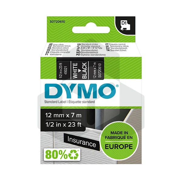 Dymo 45021 tape wit op zwart 12 mm (origineel) Dymo 45021 tape wit op zwart 12 mm (origineel)