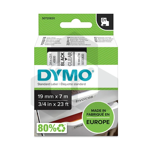 Dymo 45800 tape zwart op transparant 19 mm (origineel) Dymo 45800 tape zwart op transparant 19 mm (origineel)