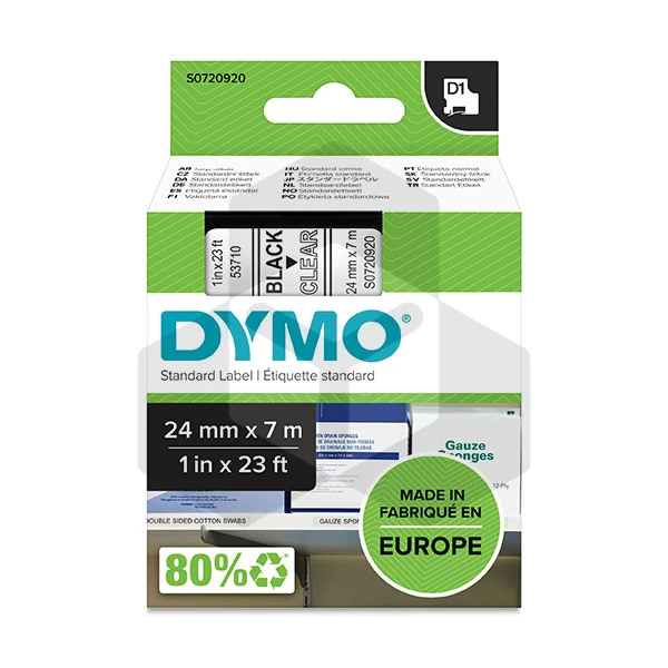 Dymo 53710 tape zwart op transparant 24 mm (origineel) Dymo 53710 tape zwart op transparant 24 mm (origineel)