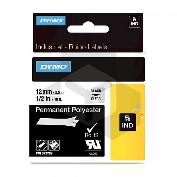 Dymo 622289 IND Rhino tape permanent polyester zwart op transparant 12 mm (origineel) Dymo 622289 IND Rhino tape permanent polyester zwart op transparant 12 mm (origineel)