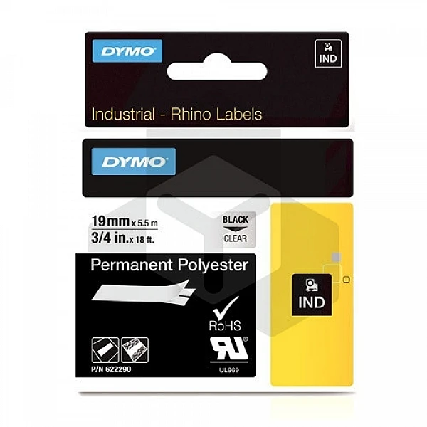 Dymo 622290 IND Rhino tape permanent polyester zwart op transparant 19 mm (origineel) Dymo 622290 IND Rhino tape permanent polyester zwart op transparant 19 mm (origineel)